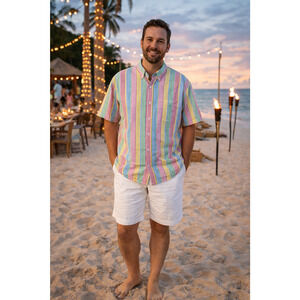 LANDS' END Seersucker Shirt Mens L Multicolor Stripe‎ Short Sleeve Button Up